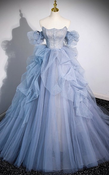 Light Blue Ruffled Sleeve Ball Gown