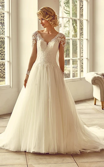 V-Neck Maxi Appliqued Cap-Sleeve Tulle&Lace Wedding Dress