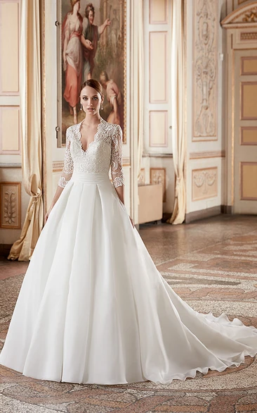 Ball Gown V-Neck 3-4-Sleeve Organza Wedding Dress With Illusion