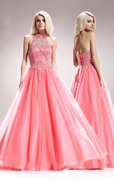 A-Line High Neck Sleeveless Tulle Satin Backless Dress With Beading And Pleats