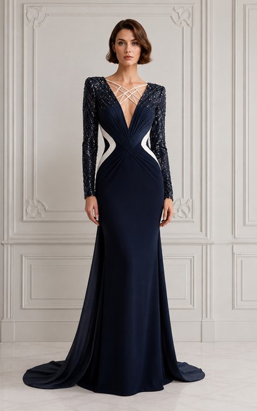 Dark Navy Long Sleeve Mermaid Evening Dress with Deep V-Neck and Sequin Sleeves