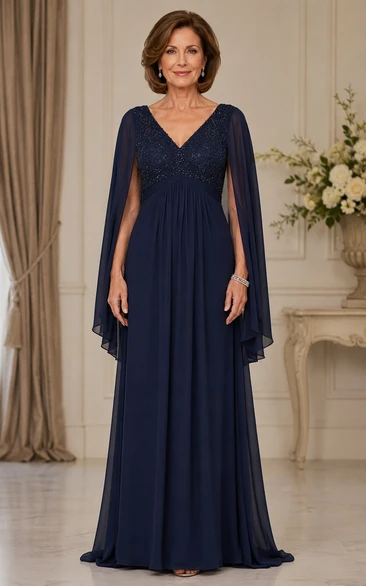Dark Navy V-neck A-Line Chiffon Cape Sleeve Mother Dress