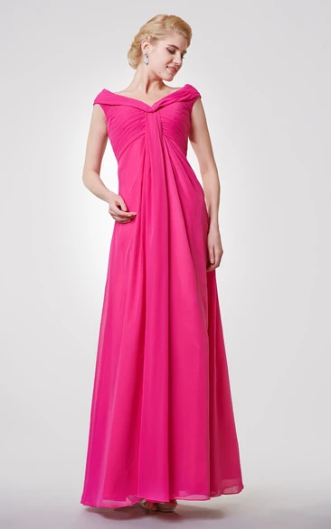 Classic V-neck Cap-sleeved A-line Chiffon Long Dress With Pleats