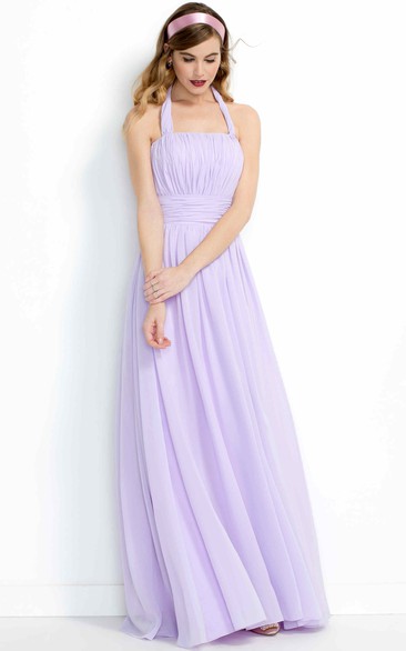 Sheath Halter Sleeveless Pleated Chiffon Bridesmaid Dress With Ruching