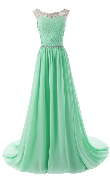 Bateau Neck Ruched Chiffon A-line Gown With Rhinestones