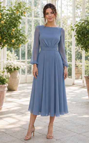 Steel Blue Long Sleeve Chiffon Tea-length Dress
