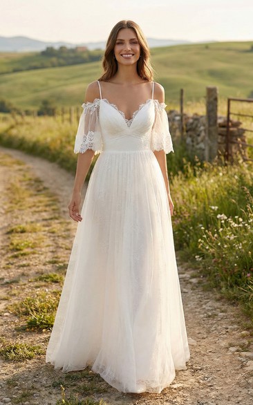 Off-the-Shoulder Lace Empire Wedding Gown
