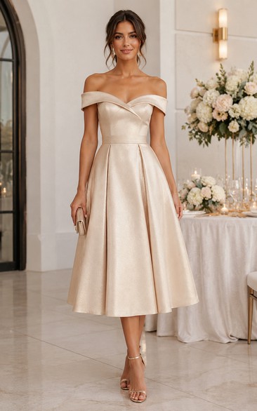 Champagne Off-the-Shoulder Tea-Length Satin Formal Dress