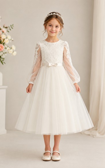 Tea-length Long Sleeve Lace Tulle Flower Girl Dress with Bow