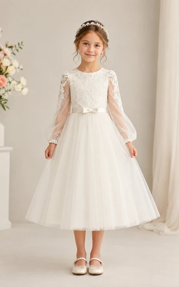 Tea-length Long Sleeve Lace Tulle Flower Girl Dress with Bow
