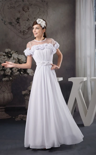 Floral A-Line Floor-Length Chiffon Illusion Neckline and Dress With Pleats