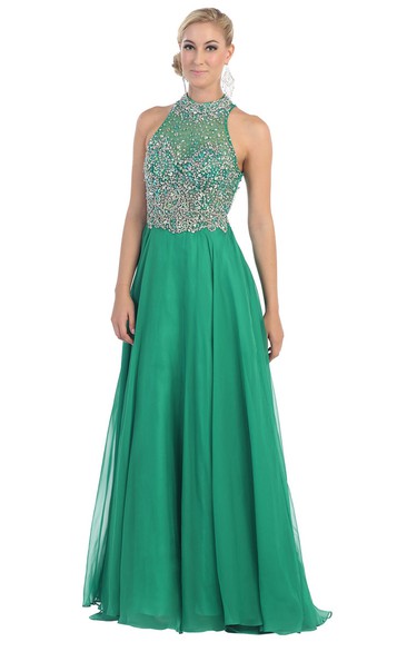A-Line Long Jewel-Neck Sleeveless Chiffon Illusion Dress With Beading And Pleats
