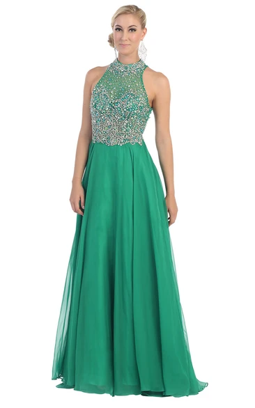 A-Line Long Jewel-Neck Sleeveless Chiffon Illusion Dress With Beading And Pleats