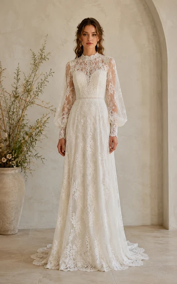 Modest Sheath Wedding Dress Long Sleeve High Neck Lace Applique Floor Length Chapel Train Ivory