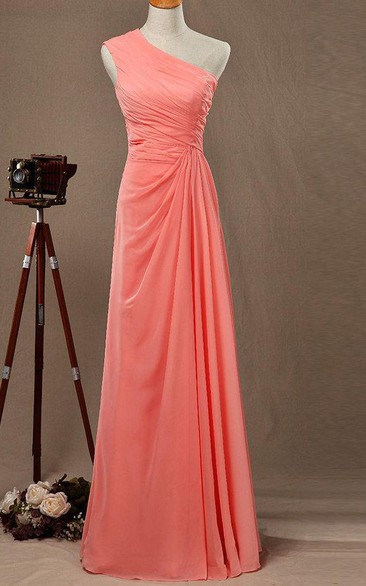 One Shoulder A-line Pleated Chiffon Floor Length Dress With Ruching
