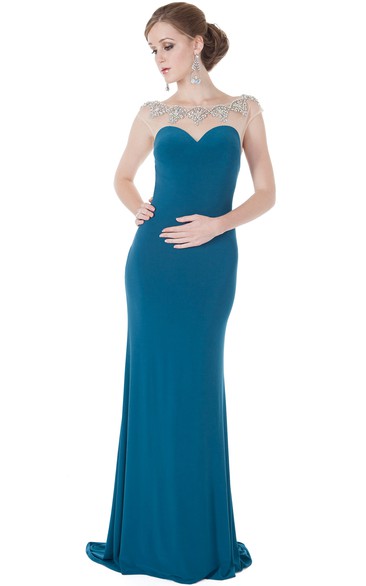 Sheath Bateau-Neck Sleeveless Floor-Length Beaded Jersey Evening Dress