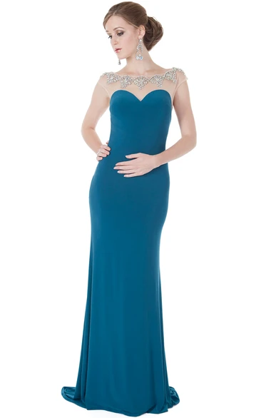 Sheath Bateau-Neck Sleeveless Floor-Length Beaded Jersey Evening Dress