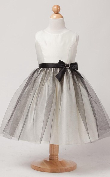 Broach Bowed Tiered Satin Flower Girl Dress With Ribbon