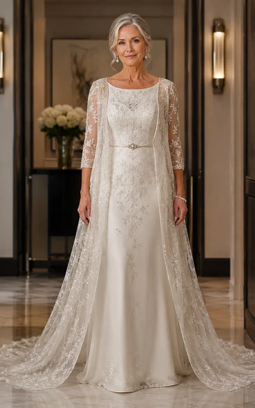 Lace Cape A-Line Older Brides Wedding Dress with Sweep Train