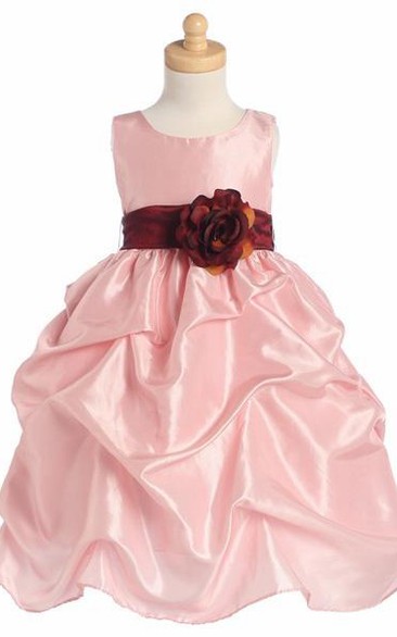 Tea-Length Floral Ruched Floral Taffeta Flower Girl Dress With Ribbon