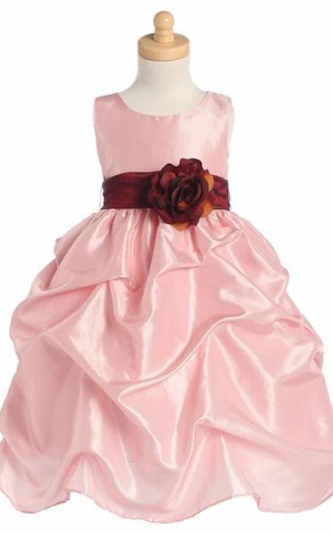 Tea-Length Floral Ruched Floral Taffeta Flower Girl Dress With Ribbon