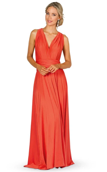 Maxi Ruched Sleeveless V-Neck Chiffon Convertible Bridesmaid Dress With Straps