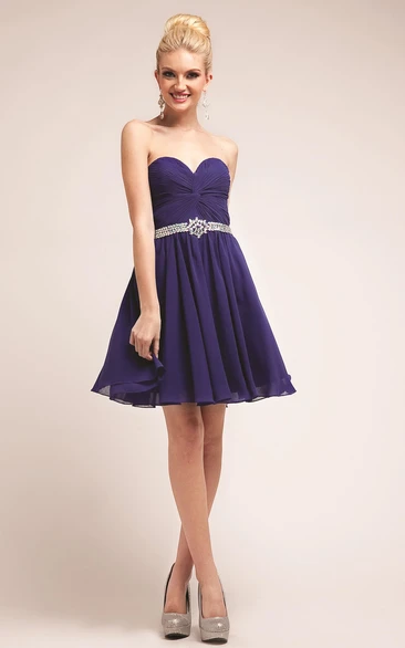 A-Line Short Sweetheart Chiffon Dress With Criss Cross And Waist Jewellery