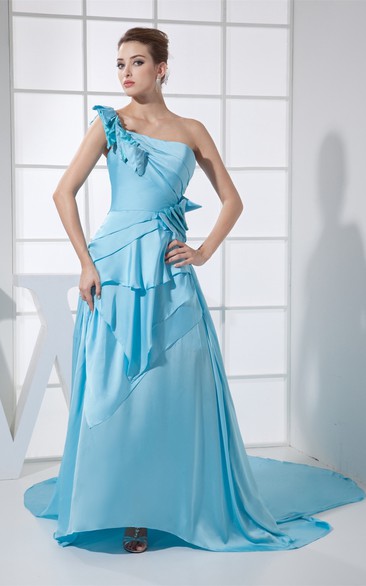 One-Shoulder Maxi Ruched Court Train and Dress With Pleats