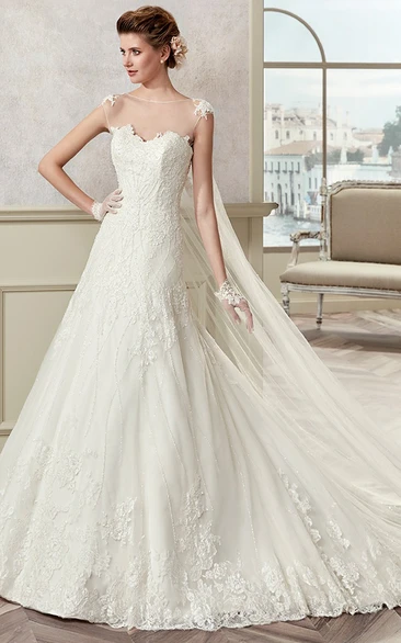 Jewel-Neck Lace A-Line Bridal Gown With Fine Appliques And Cap Train