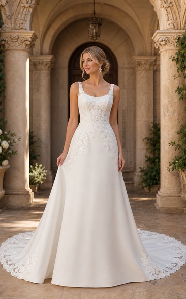Robe de mariée trapèze en satin, col rond, bretelles et traîne en dentelle