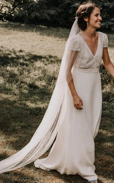 Rustic V-Neck Lace Bodice Wedding Dress with Cap Sleeves