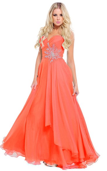 A-Line Sleeveless Sweetheart Criss-Cross Floor-Length Chiffon Prom Dress With Draping And Appliques