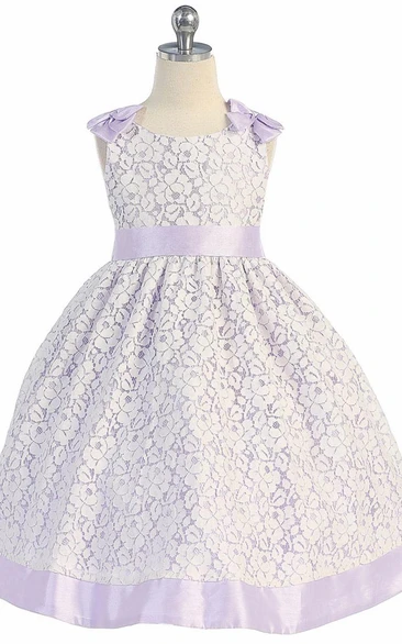 Tea-Length Bowed Floral Lace Flower Girl Dress With Sash