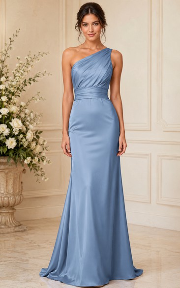 Steel Blue Satin One-Shoulder Sheath Bridesmaid Dress