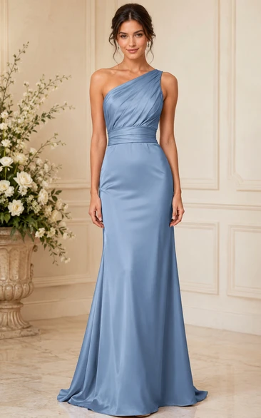 Steel Blue Satin One-Shoulder Sheath Bridesmaid Dress