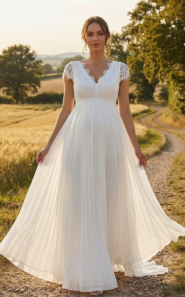 Cap Sleeve Lace Maternity Wedding Dress with V-Neck Bodice and Pleated Chiffon Skirt