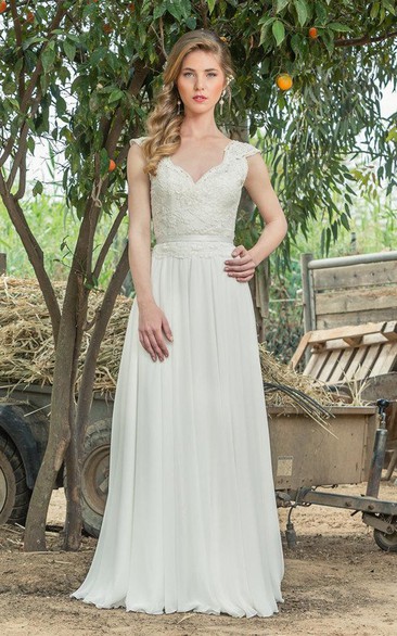 Plunged Cap-Sleeve Lace Chiffon Pleated Simple Wedding Dress With Low-V Back