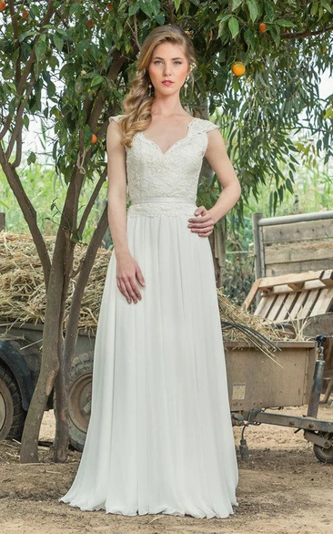 Plunged Cap-Sleeve Lace Chiffon Pleated Simple Wedding Dress With Low-V Back