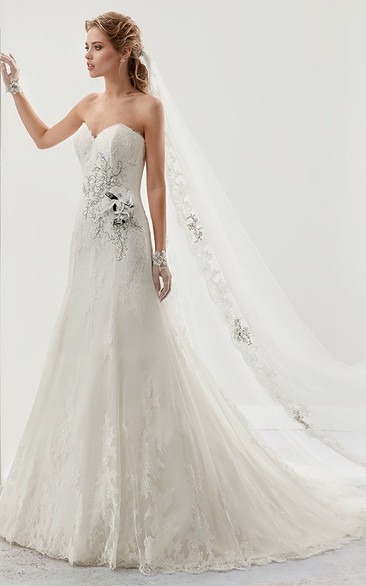 Sweetheart Beaded Flower Lace Bridal Gown with Brush Train and Lace-up back