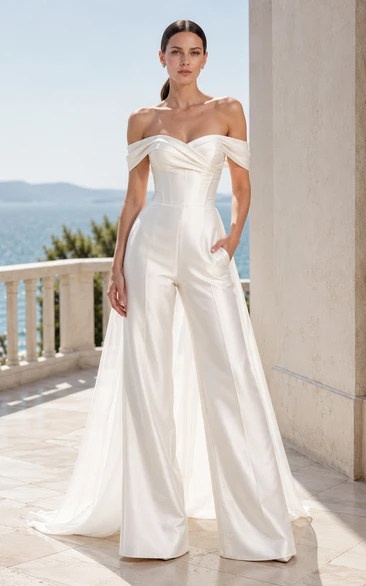 Off Shoulder Wedding Jumpsuit with Detachable Overskirt Train