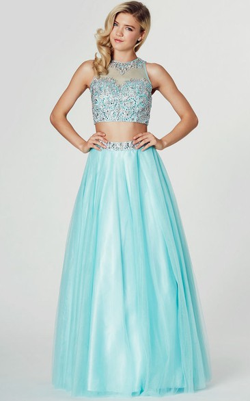 A-Line High Neck Beaded Sleeveless Tulle Prom Dress With Illusion Back