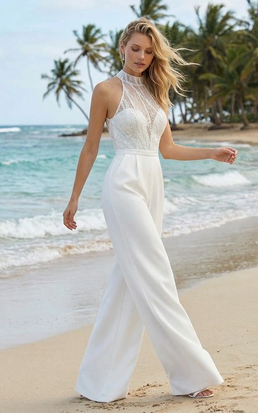 High Neck Halter Beaded Bridal Jumpsuit with Pockets
