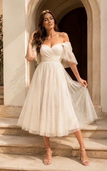 Off-the-Shoulder Tea-Length Tulle Wedding Dress with Puff Sleeves