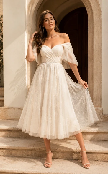 Off-the-Shoulder Tea-Length Tulle Wedding Dress with Puff Sleeves