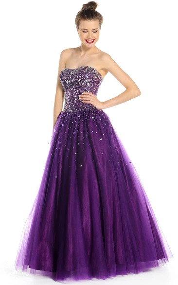 A-Line Sleeveless Beaded Strapless Floor-Length Tulle Prom Dress With Lace-Up Back
