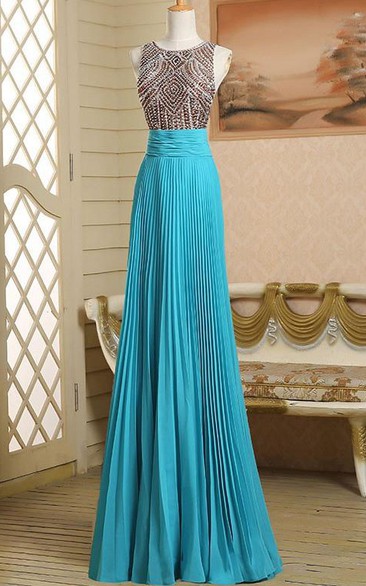 Round Neck A-Line Beading Ruched Long Prom Dress