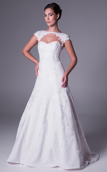 A-Line High Neck Cap-Sleeve Lace Wedding Dress With Illusion
