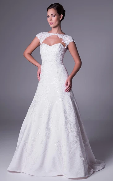 A-Line High Neck Cap-Sleeve Lace Wedding Dress With Illusion
