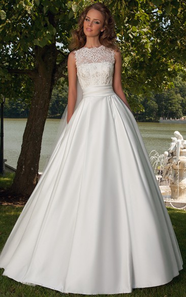 Ball-Gown Lace Jewel Sleeveless Floor-Length Satin A Line Wedding Dress With Lace-Up Back And Bow
