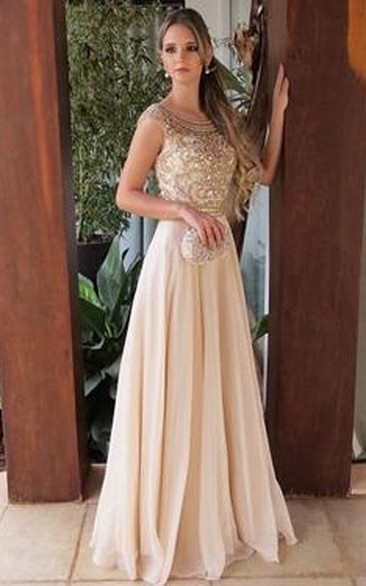 Cap Scoop-neck Empire A-line Chiffon Beaded Pearl Pink Evening Prom Dress